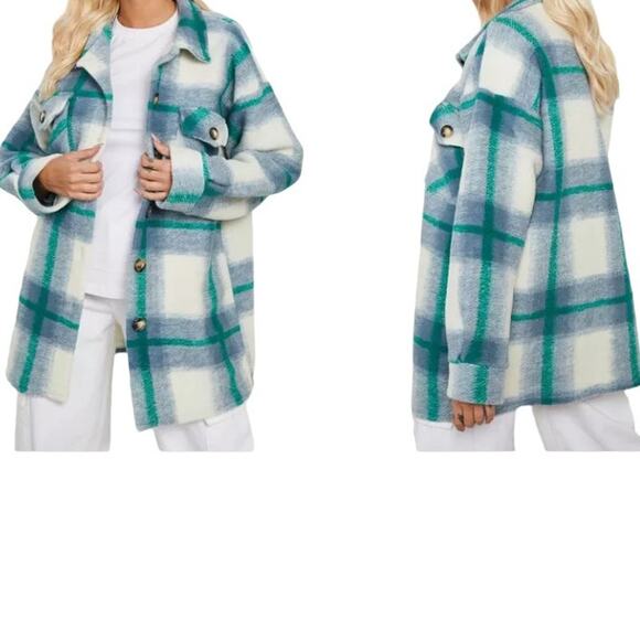 NWT Boohoo Women Denim Blue Oversized Flannel Shacket  Size 4 - Picture 1 of 7